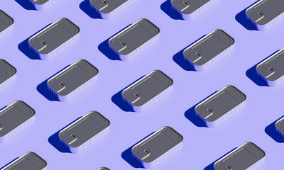 Creative composition. Multiple fish tin cans placed repeatedly in a pattern on lilac background. 3D Rendering.