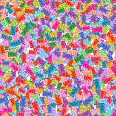 Seamless pattern of multicolored gummy bears on a white background with dense filling