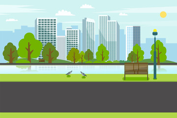 Public park with bench river city.Road on park with river and cityscape.Nature spring scene with city