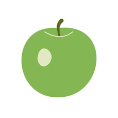 Simple round green apple with a twig, flat icon. Hand-drawn vector. Healthy lifestyle, vegetarianism. Ripe fresh fruit, horticulture. For juice packaging, illustrations, infographics, print, internet.