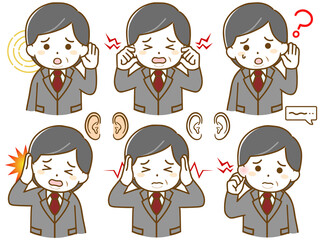 耳に異常がある太ったスーツの中年男性