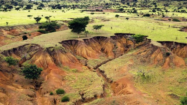 Aerial view of land destroyed by soil erosion from bad agriculture practices. Climate change and global warming