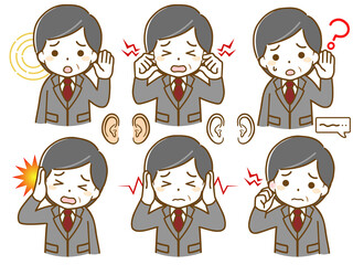 耳に異常があるスーツの中年男性