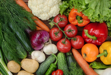 Colorful set organic food. Fresh raw vegetables. Healthy vegetarian food.Vegetarian eating concept.Top view.Flat lay
