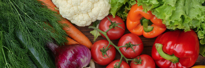 Colorful set organic food. Fresh raw vegetables. Healthy vegetarian food.Vegetarian eating concept.Top view. Banner