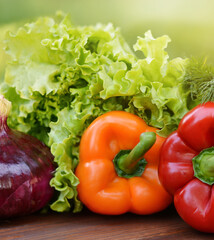 Colorful sweet bell peppers, salad, dill, onion on wooden background