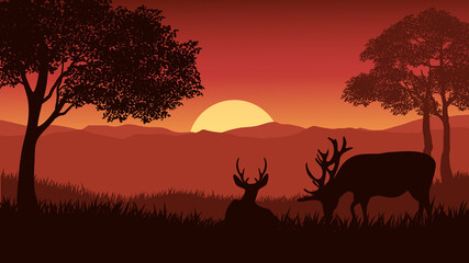 Fototapeta na wymiar Landscape With Forest Sunset With Deer