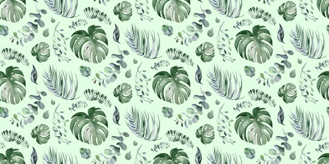 watercolor set of exotic patterns tropical flowers and leaves