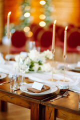 Beautiful table setting for a party, wedding reception or other festive event. Banquet setting, glasses, plates.