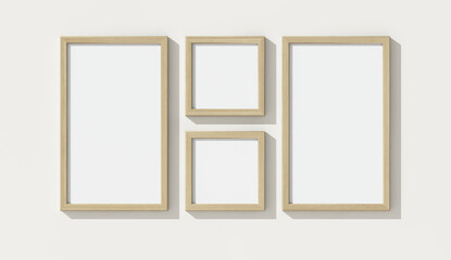 Wooden frames on white wall. 3D render wooden frame mock up. Empty interior. 3D illustrations. 3D design interior. Template for business.
