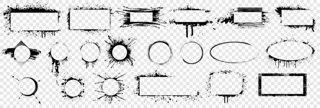 Grunge stencil frames with spray painted frame, grunge splatter. Spray stencil frame collection. Blank grunge frames set with aerosol paint texture. Ink splatter texture. Vector illustration.