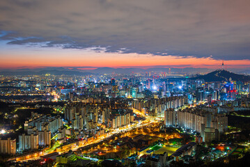  Landscape of Seoul City South Korea. In the morning and sunrise on the city.