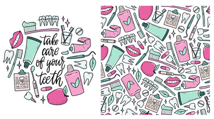dentistry set of hand drawn doodles pack and seamless pattern for prints, wrapping paper, digital paper, wallpaper, etc. Health care stickers, elements. EPS 10