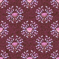 Decorative Symmetrical Abstract Repeat Pattern In Raspberry Pink And Chocolate Brown