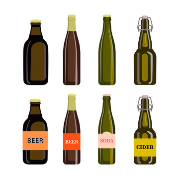Vector illustration of glass bottles for beer, cider, lemonade.