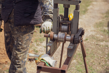 Metal vise for bending pipes.