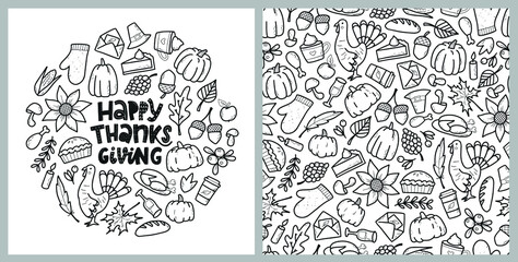 Naklejka premium Thanksgiving set with seamless pattern and greeting card decorated with doodles. Good for coloring books, digital paper, scrapbooking, wallpaper, textile prints, posters, etc. EPS 10