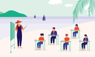 Group Of Students Having Class With Woman Teacher At The Island Beach. Remote Learning. Schoolcations.
