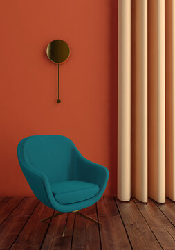 Green armchair in interior on orange wall and curtain