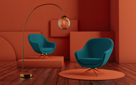 Interior with Art Deco armchairs. Green armchairs and lamp on orange background