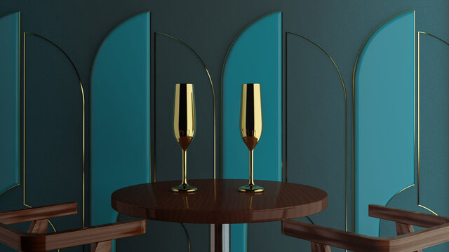 Golden champagne glasses on green background
