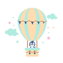 Vector illustration of a сute baby penguin flying in a hot air balloon isolated on a white background. Perfect for a poster, nursery clothing, postcard, children's pyjamas, print.