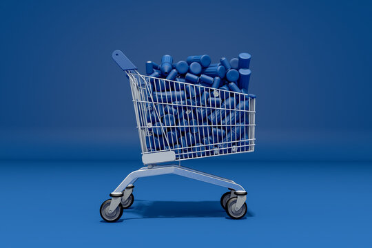 Concept Of Plastic Bottles And Blue Cans In A Supermarket Cart.