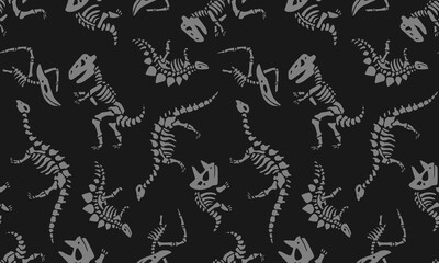 Dinosaurs skeletons fossils seamless vector pattern isolated on black background.Design for use print on all over fabric, Clothing, textiles and others. Grey silhouette art Vector illustration.