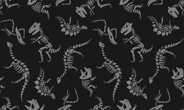 Dinosaurs skeletons fossils seamless vector pattern isolated on black background.Design for use print on all over fabric, Clothing, textiles and others. Grey silhouette art Vector illustration.