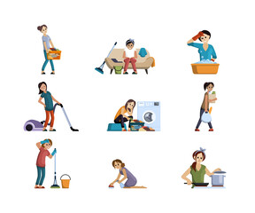 Fototapeta na wymiar Tired and sad woman household chores. Girl with difficulty carries bags of groceries unhappy woman sits near washing machine with dirty things heavy washing kitchen. Vector cartoon domestic work.