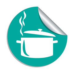 Cooking pot white symbol on a green sticker circle icon. Vector illustration isolated on white background.