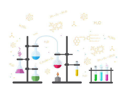 Vector illustration of a chemical laboratory, formulas, flasks and beakers. © Мария Нефедова
