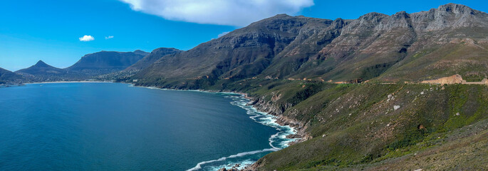 Scenic Chapmans Peak drive to the harbour of Hout Bay. Hout Bay is a popular tourist destination in Cape Town, South Africa