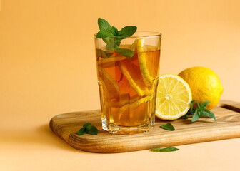Iced tea with lemon slices and mint