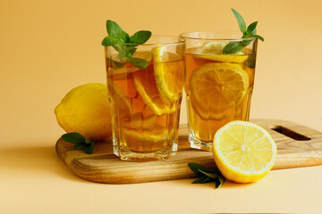 Traditional iced tea with lemon, mint and ice in tall glasses. Two glasses with cool summer drink on yellow background.