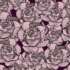 Abstract elegance seamless floral pattern. Beautiful flowers vector illustration texture with pink roses on dark black background. Flowering roses print