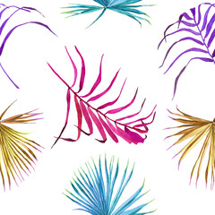 Fototapeta na wymiar Palm leaves colorful watercolor isolated on white background seamless pattern for all prints.