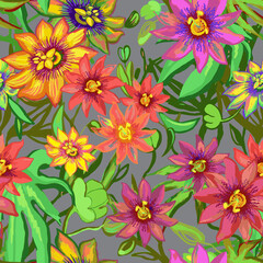 Tropic exotic flowers seamless pattern. Passiflora, orchid, plumeria. Isolated on grey background with green leaves, jungle banana palm tree. Hand drawn floral texture, print. Vector