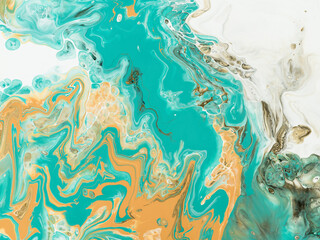 Fototapeta na wymiar Turquoise and yellow abstract creative hand painted background, fluid art, marble texture, abstract ocean, acrylic painting on canvas
