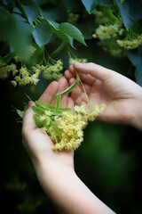 Hands pick the linden from the tree. Linden flowers in hands. Harvesting from a linden tree.