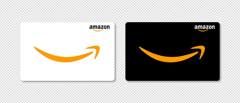 Realistic Amazon gift cards in white and black. Gift cards on an transparent background with a realistic shadow for your design. Stock vector EPS 10