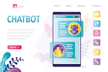 Chatbot, landing page template. Dialogue between client and robot on smartphone screen. Bot answers questions. Support service, technology of customer service,
