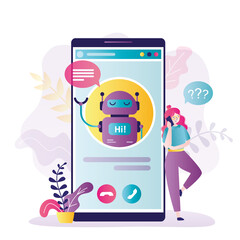 Female character asks for help from chatbot. Call virtual assistant on mobile phone screen. Online client support