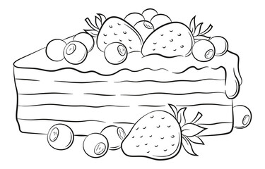Holiday Cake, Pie with Strawberries and Blueberries, Black Contours Isolated on White Background. Vector