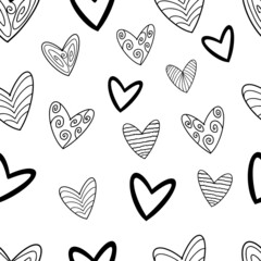 Vector seamless pattern of different hearts for saint Valentine’s Day, 14 February. Cute hand drawn hearts with stripes and swirls. For digital use, printable for wrapping,cards,posters.