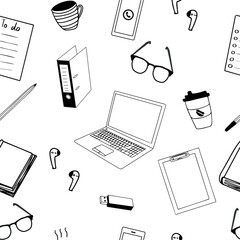 Vector hand drawn doodle seamless pattern of office supplies and stationary: laptop, smartphone, headphones,folder,glasses, usb flash drive,pen. Freelance pattern, work at home.Printable for wrapping