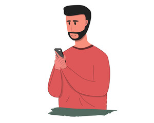 a man using a smartphone with a smile, vector illustration.