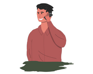 Happy confident man speaking on smartphone, man talking on the mobile phone, vector illustration.