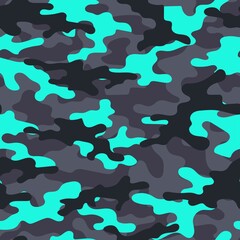 blue Camouflage texture seamless pattern. Abstract modern military camo background for fabric and fashion textile print. Vector illustration.