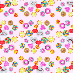 Seamless pattern of sweets on a pink square background